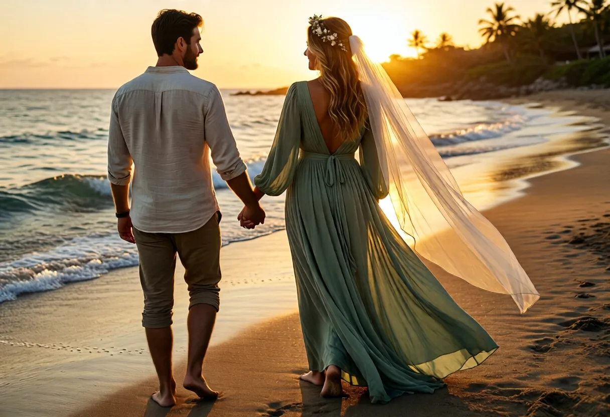 Pareja caminando descalza por la orilla del mar