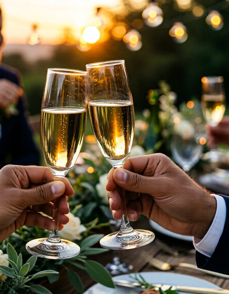 Brindis de celebración en una boda al atardecer