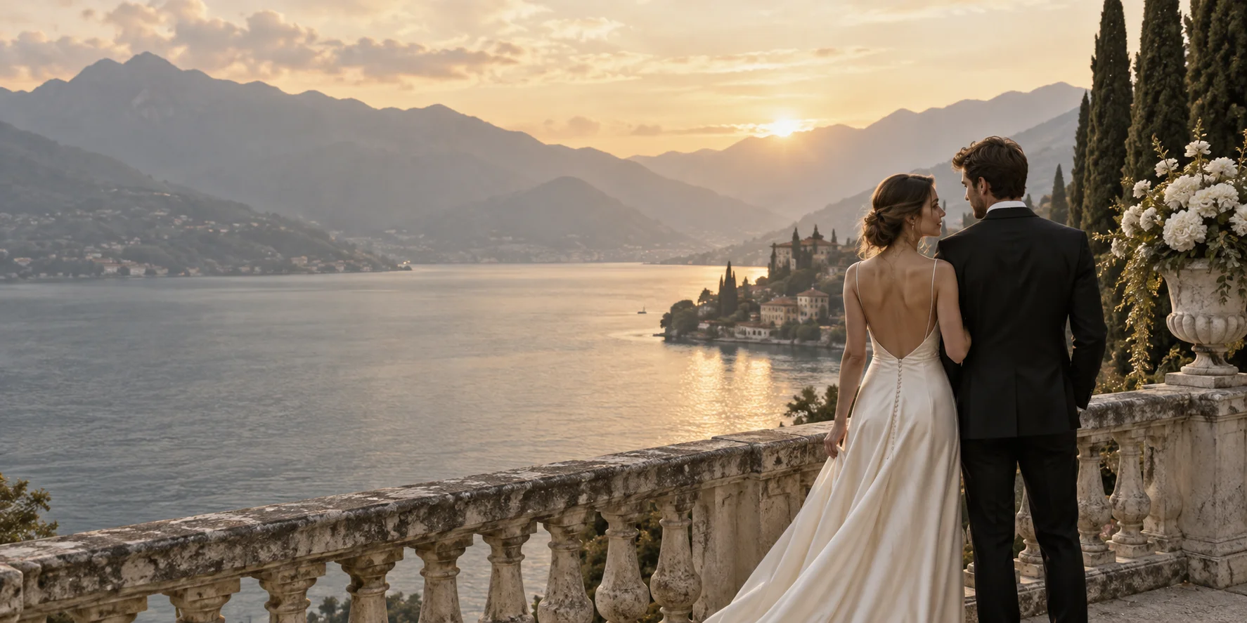 Pareja de recién casados junto a un lago al atardecer