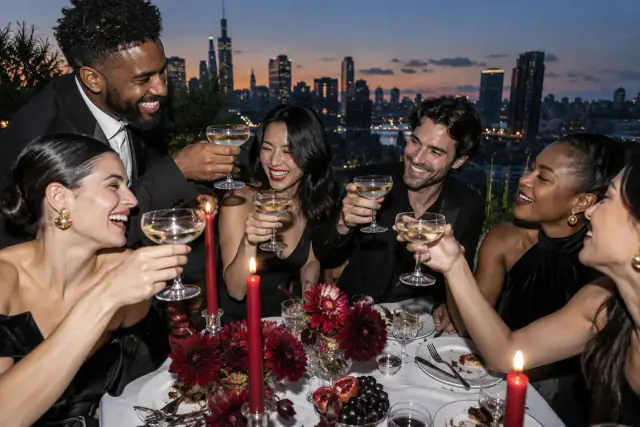 Brindis y flores de una cena festiva