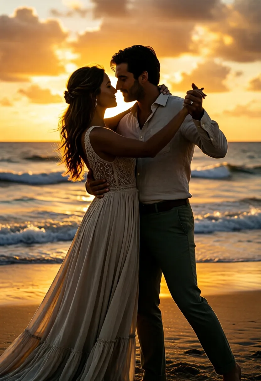 Pareja de novios bailando al atardecer