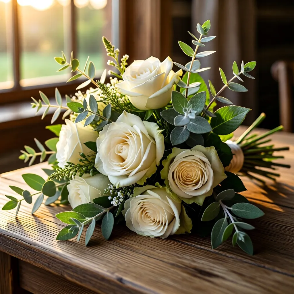 Ramo de novia de rosas blancas y eucalipto
