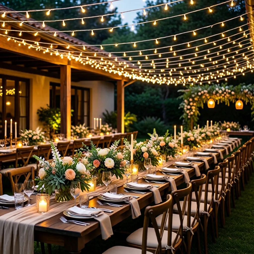 Recepción de boda al aire libre con luces
