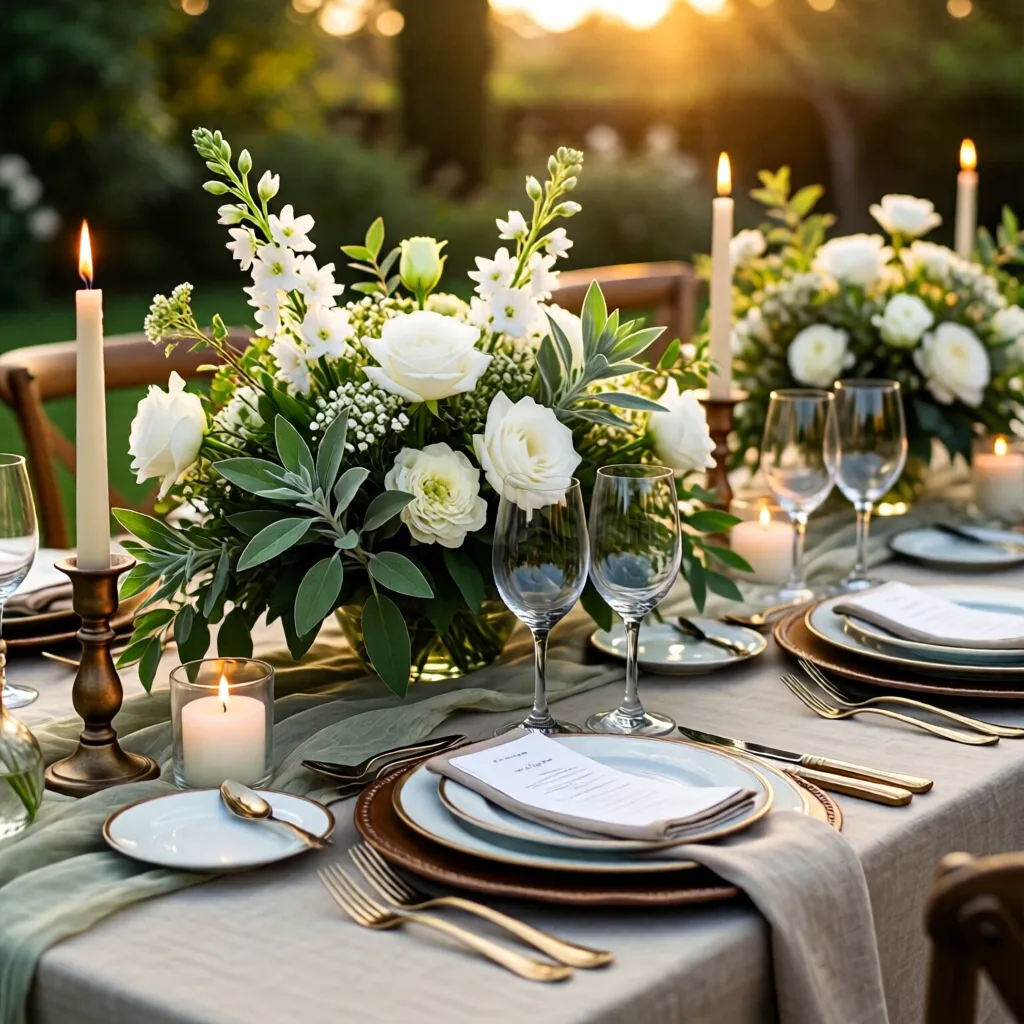 Mesa de banquete decorada con flores y velas