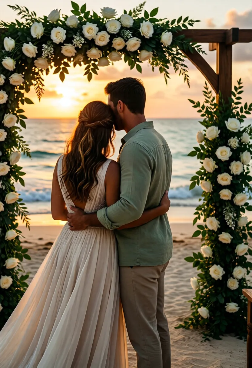 Pareja de novios bajo un arco floral en una boda en la playa al atardecer